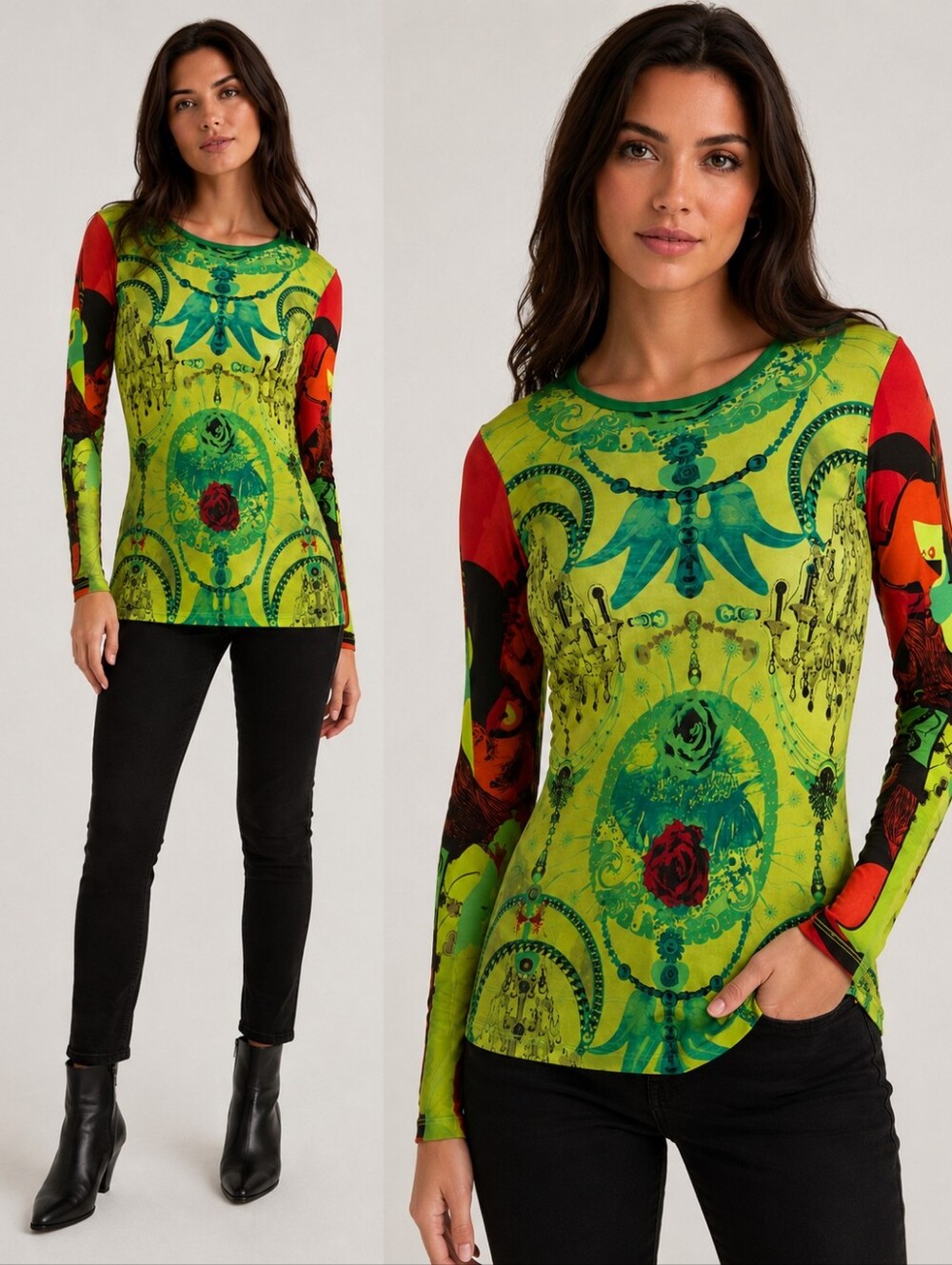 Custo Barcelona Graphic Art Long Sleeve Top Size 2 XS/S Green Red Y2K Stretch